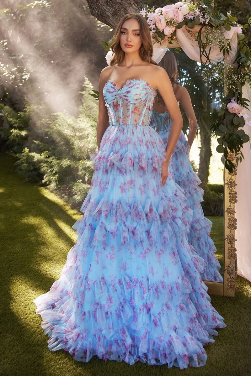 Prom Dresses Long Ruffle Formal Prom Floral Dress Blue