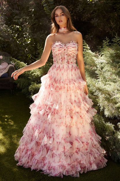 Prom Dresses Long Ruffle Formal Prom Floral Dress Blush