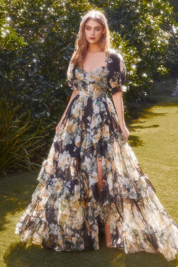 Prom Dresses Layered Floral Formal Prom Long A Line Dress Black