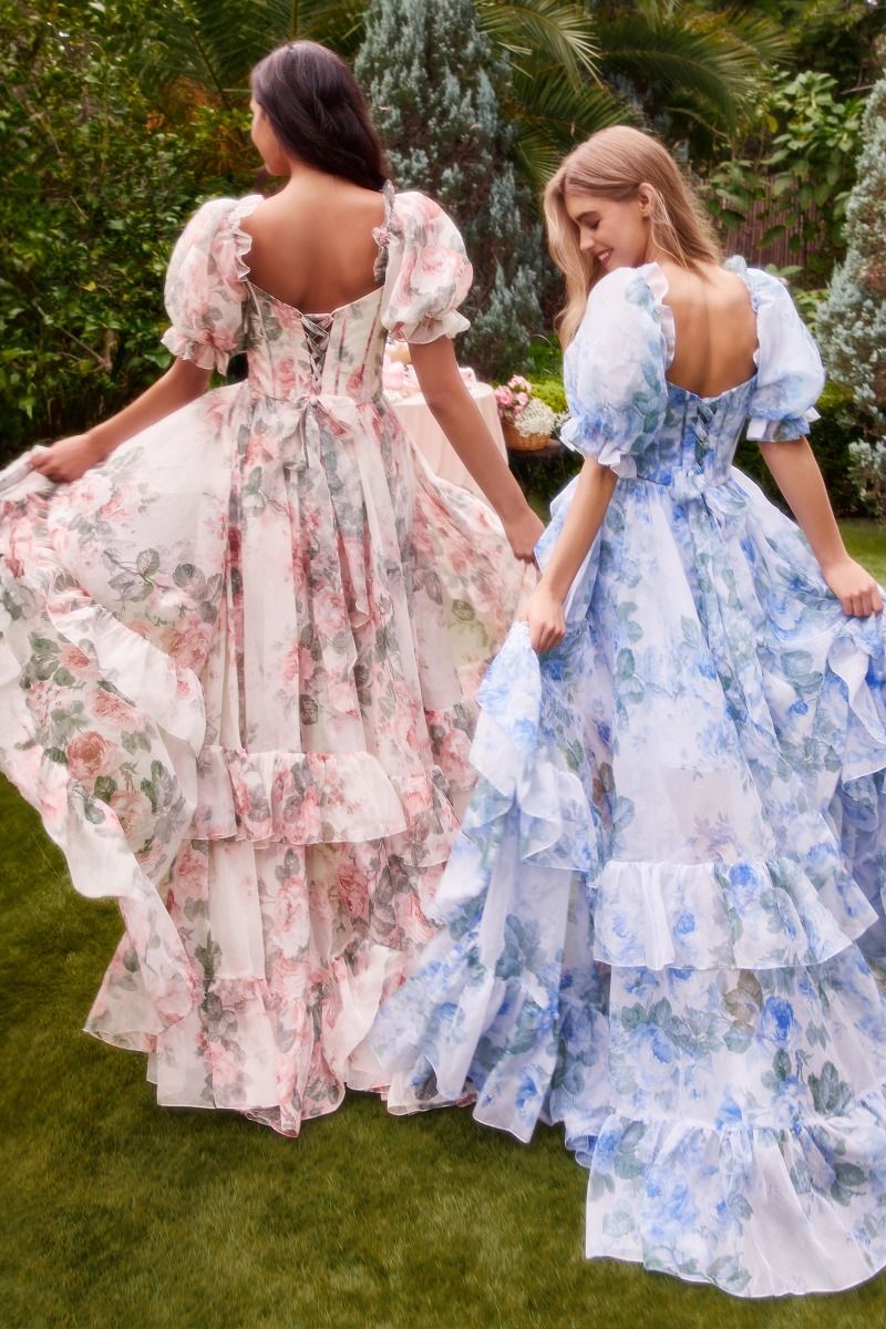 Prom Dresses Layered Floral Formal Prom Long A Line Dress Blue