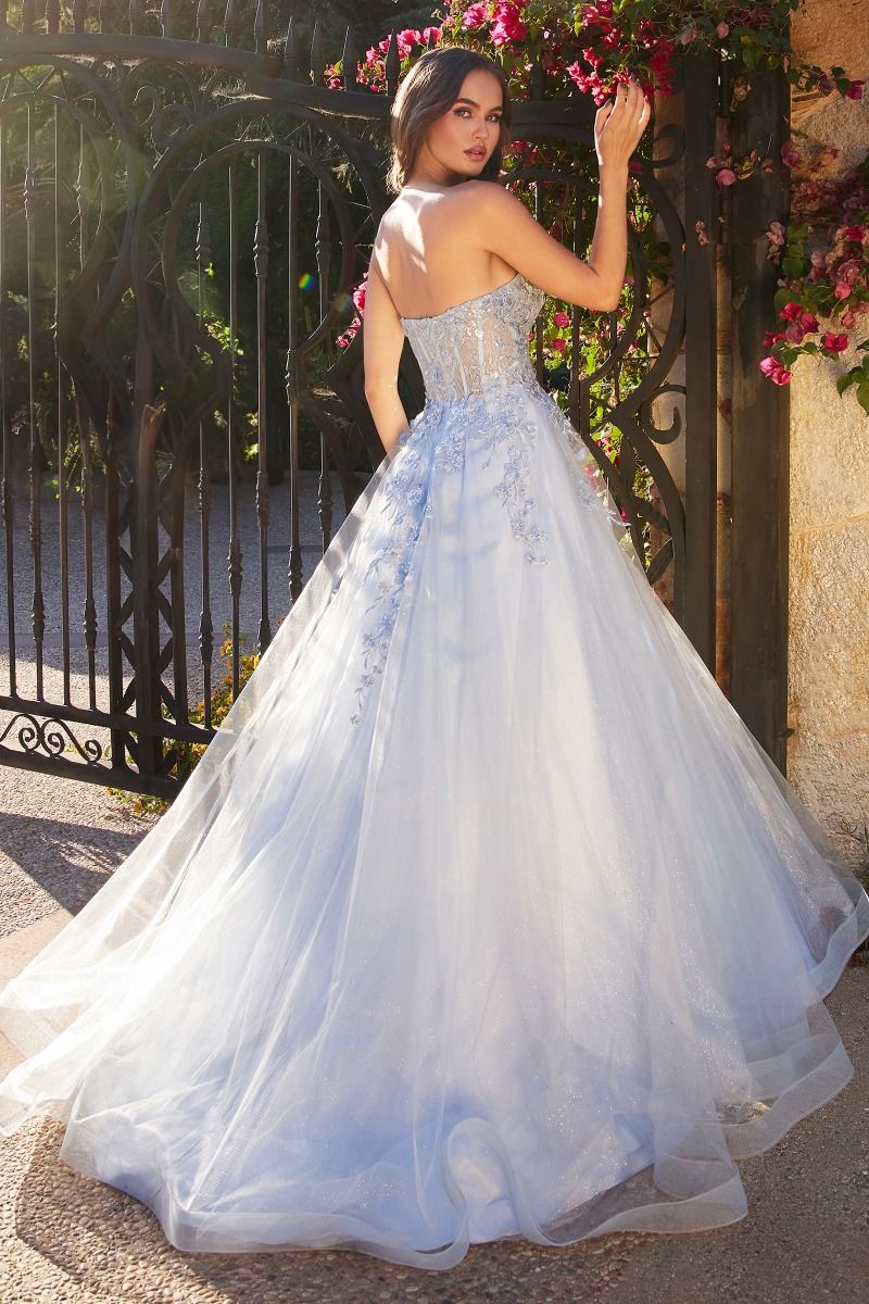Blue Print Floral Beaded A-line Prom Dress