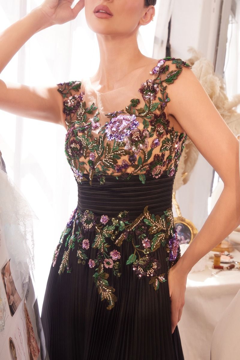Andrea & Leo A1355 A Line Long Sequin Pleated Formal Dress