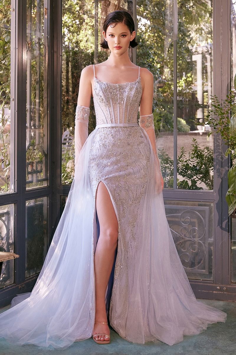 Prom Dresses Fitted Layered Long Formal Beaded Prom Dress LT Blue