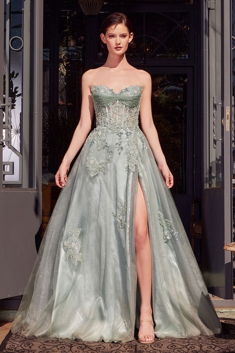 Prom Dresses Long Formal Ball Gown Layered Sequin Floral Prom Dress Sage