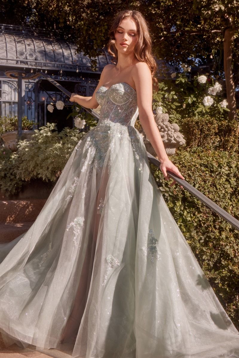 Andrea & Leo A1381 Long Ball Gown Formal Floral Beaded Prom Dress - Sage / 8 Andrea & Leo A1381 Long Ball Gown Formal Floral Beaded Prom Dress - Sage / 8