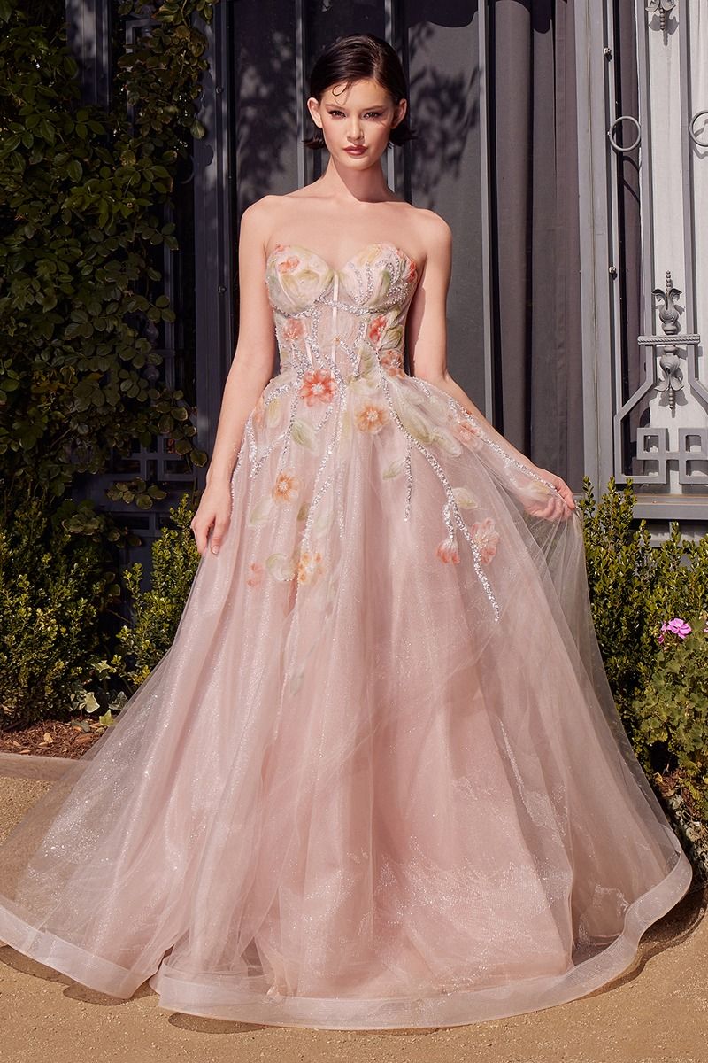 open lace back dress Pink Floral Long Prom Dresses, Pink 3D Flower Formal Graduation Dresses main image 0