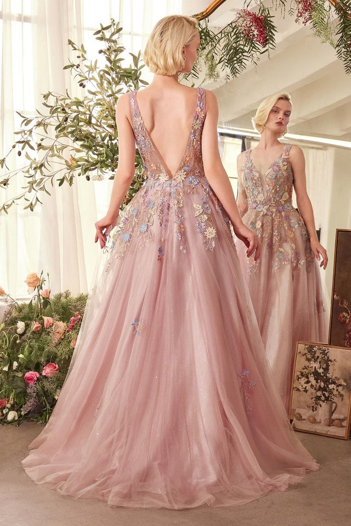 Prom Dresses A Line Long Floral LaceApplique Formal Prom Dress Mauve