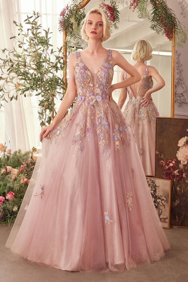 Prom Dresses A Line Long Floral LaceApplique Formal Prom Dress Mauve
