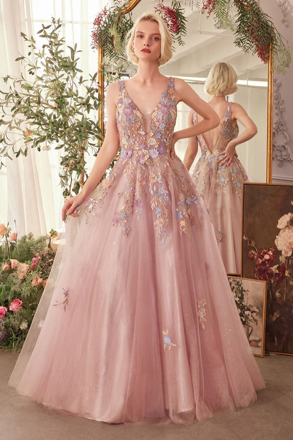 Andrea & Leo A1394 A Line Long Floral Lace Applique Formal Prom Dress