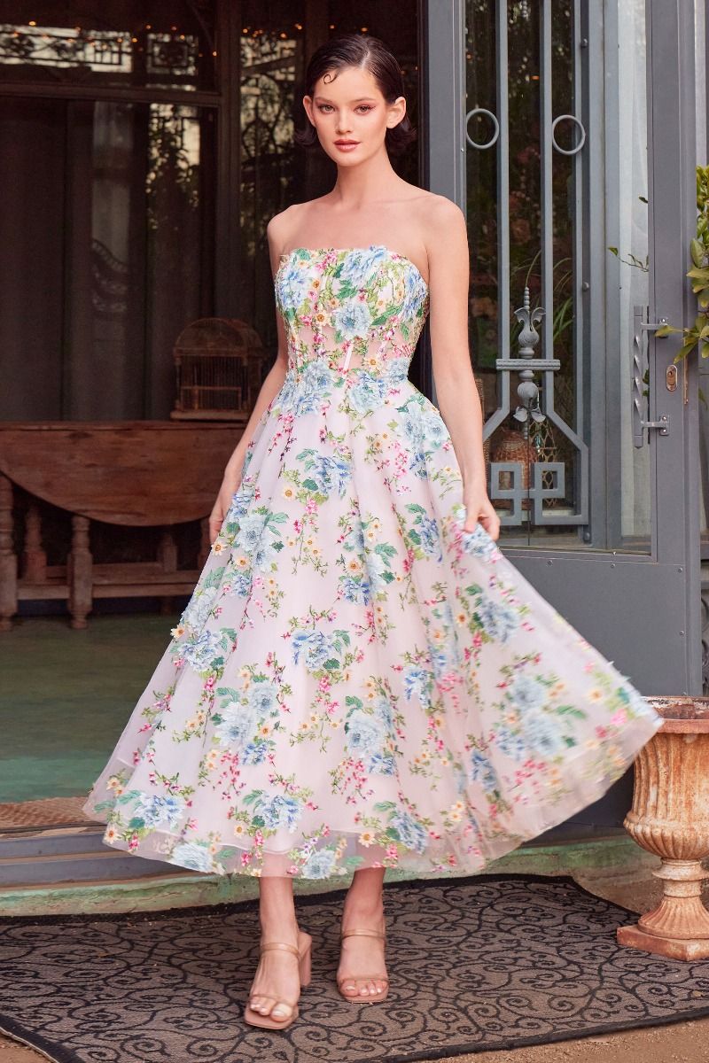 Andrea & Leo A1406 Tea Length A Line Printed Floral Formal Dress