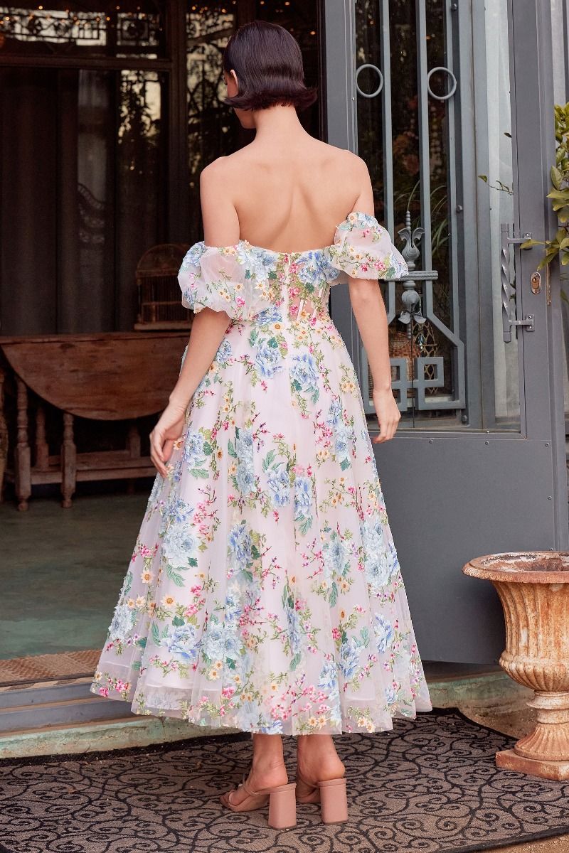 Andrea & Leo A1406 Tea Length A Line Printed Floral Formal Dress