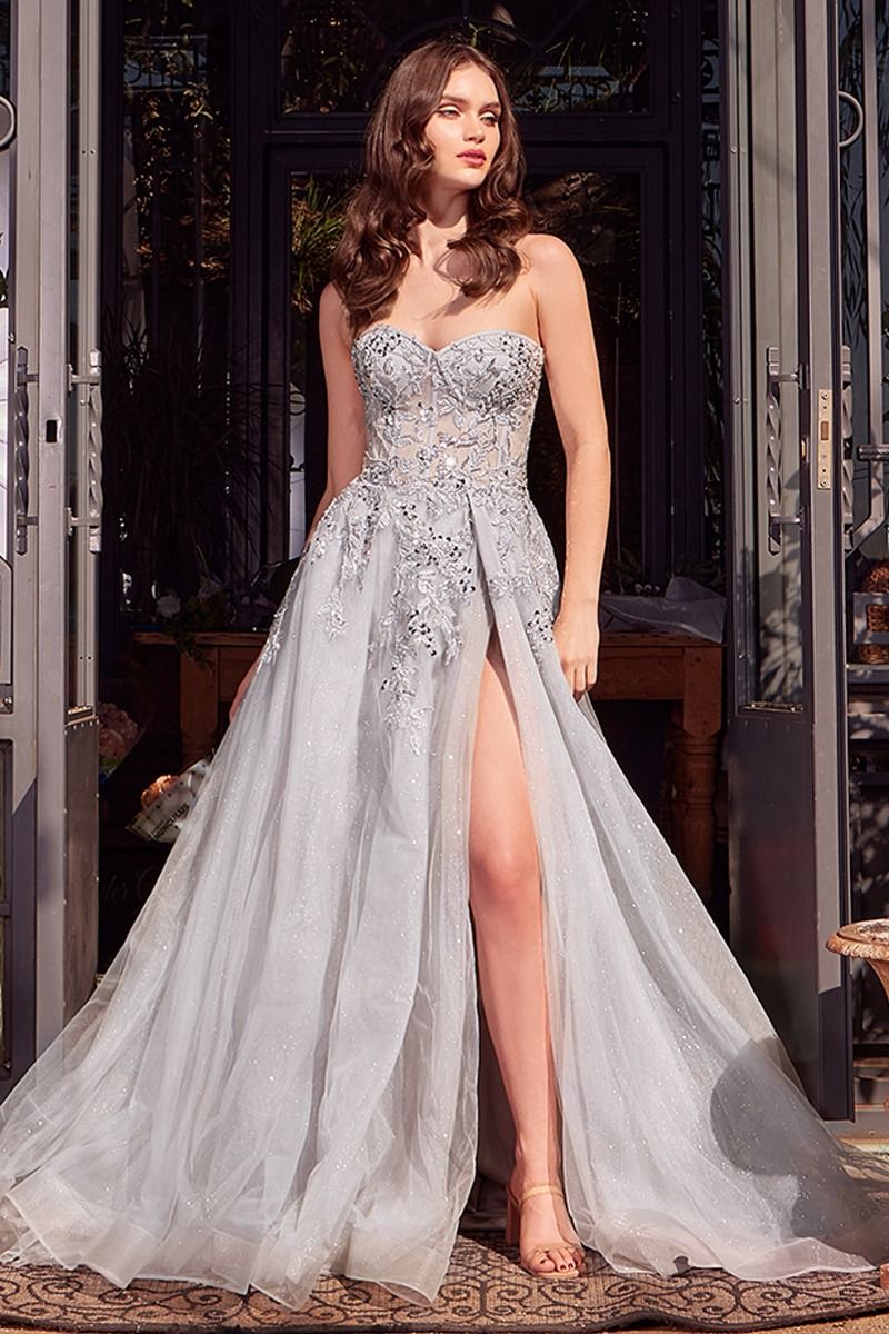 Fitted Silver Prom Dress Andrea And Leo Couture A1415 Strapless A-Line Gown 12 Silver Fitted Silver Prom Dress Andrea And Leo Couture A1415 Strapless A-Line Gown 12 Silver