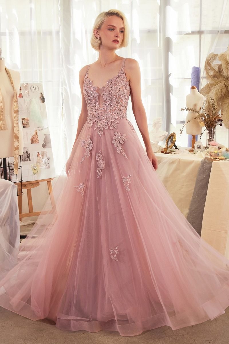 Andrea & Leo A1417 Long Formal A Line Lace Prom Dress - Dusty Rose / 4 Andrea & Leo A1417 Long Formal A Line Lace Prom Dress - Dusty Rose / 4