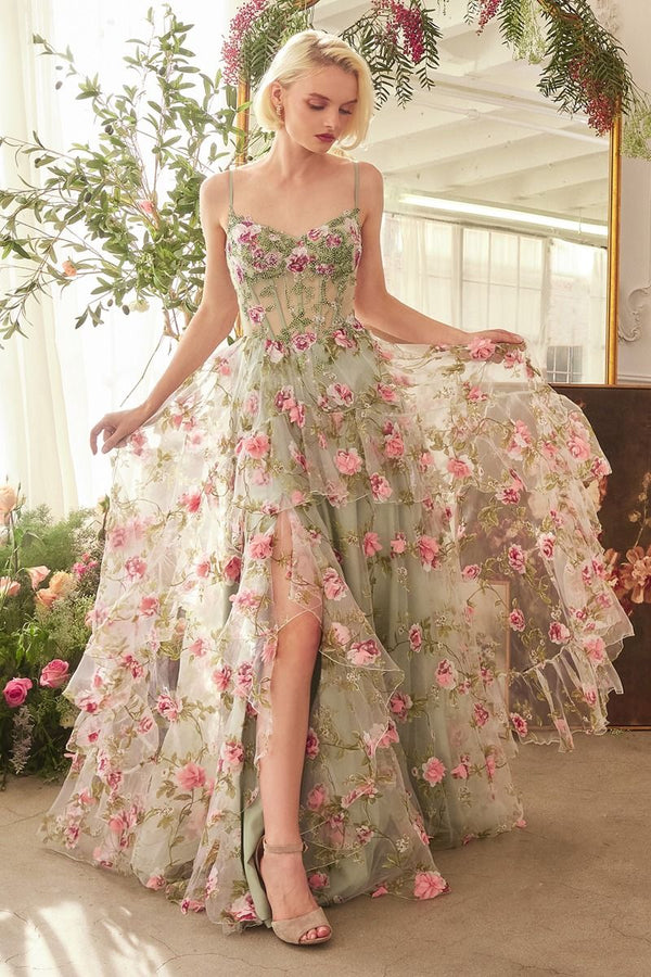 Andrea & Leo A1420 Long Floral Printed A Line Formal Prom Dress