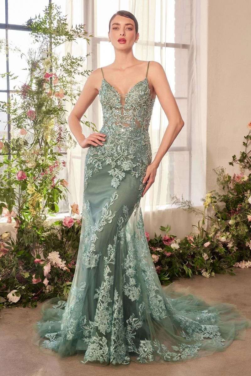Andrea & Leo A1421 Lace Beaded Floral Mermaid Dress, Sage / 10 Andrea & Leo A1421 Lace Beaded Floral Mermaid Dress, Sage / 10