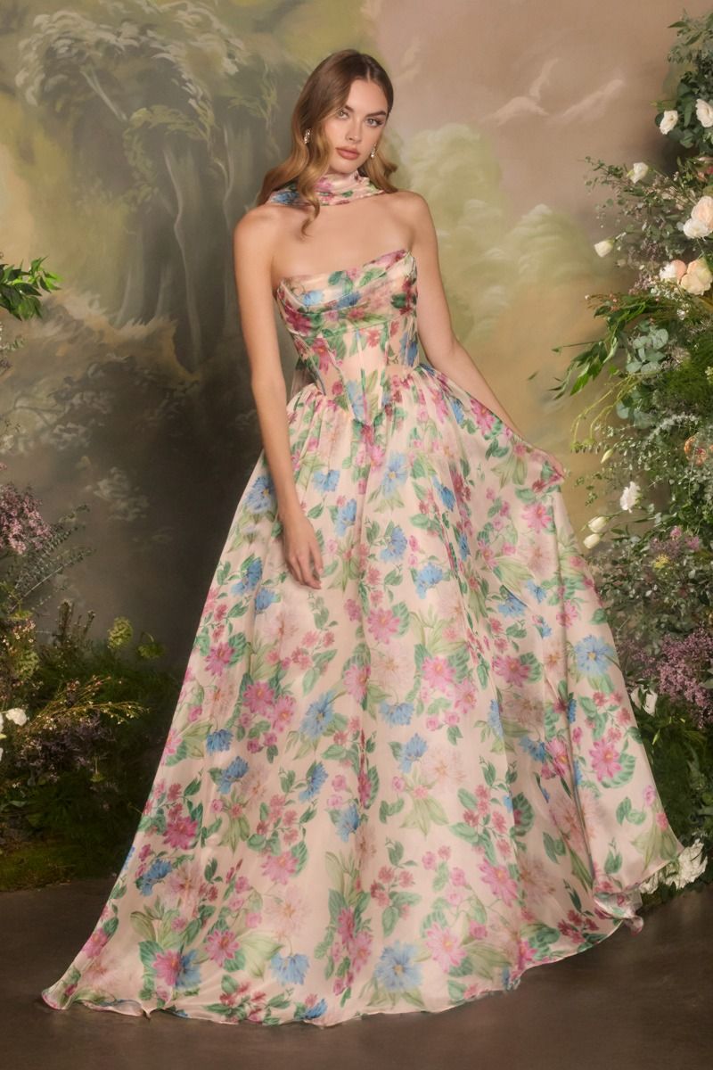 Prom Dresses Long Floral Print A Line Formal Corset Prom Dress Pink Blue