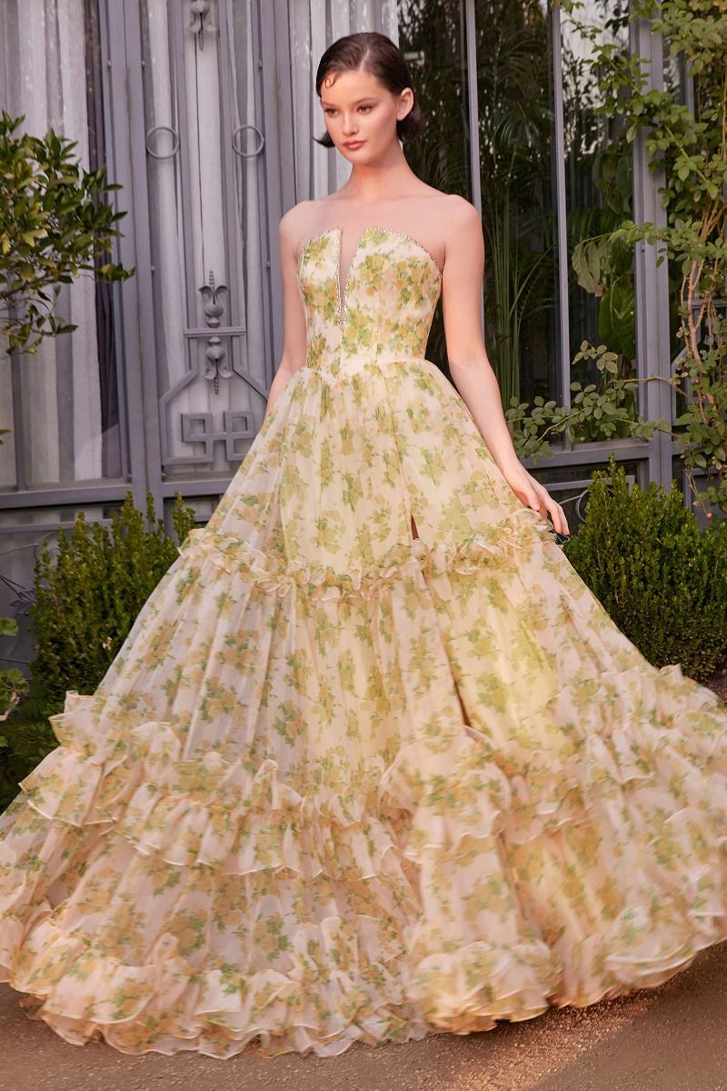 Prom Dresses Ball Gown Long Floral Printed Formal Prom Dress Yellow