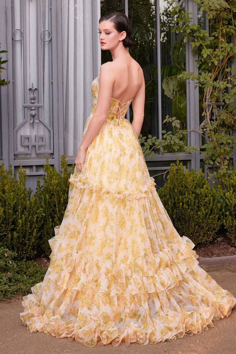 Andrea & Leo A1430 Strapless Floral Printed Ball Gown, Yellow / 4 Andrea & Leo A1430 Strapless Floral Printed Ball Gown, Yellow / 4