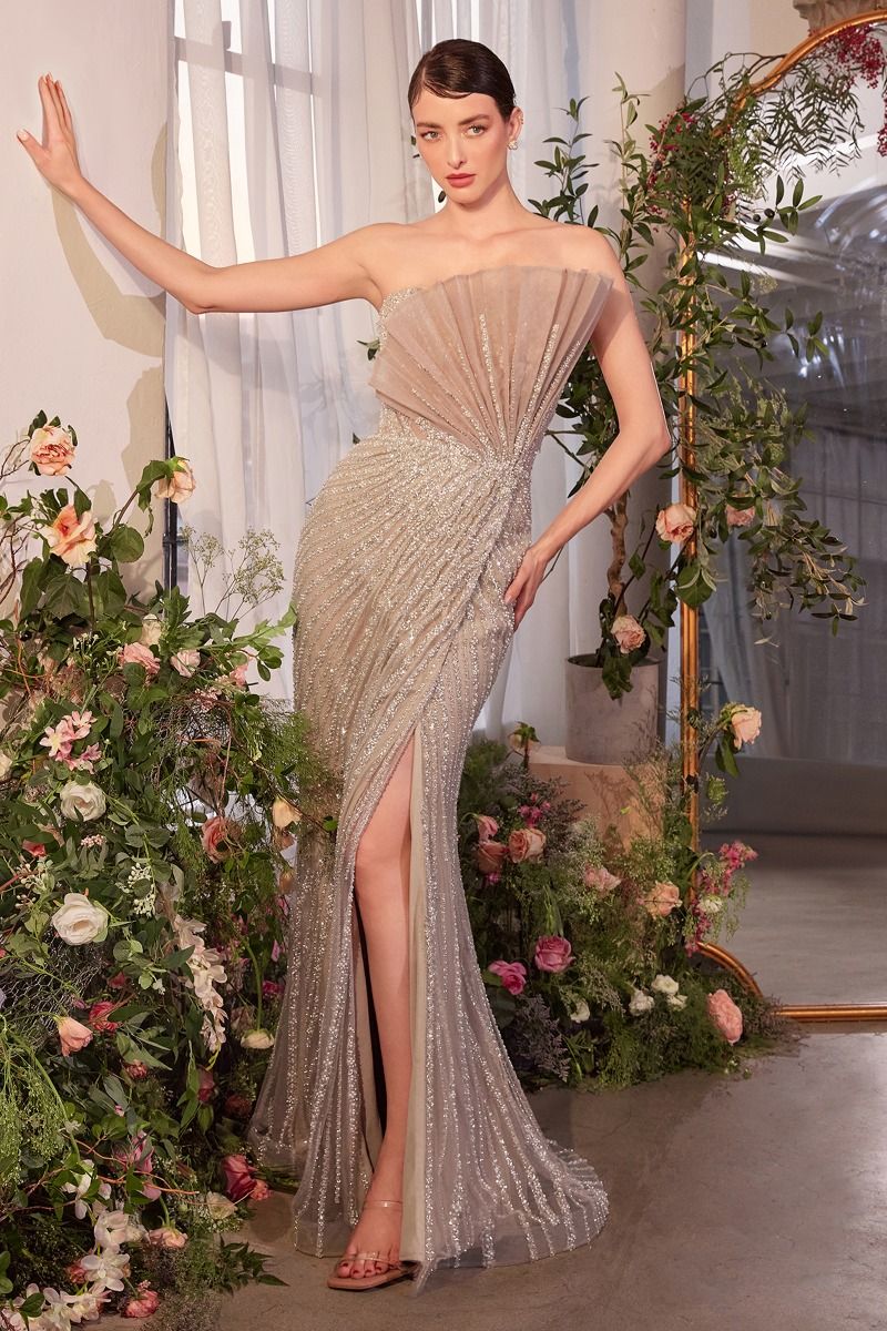 Andrea & Leo A1436 Fitted Long Formal Pleated Slit Prom Dress