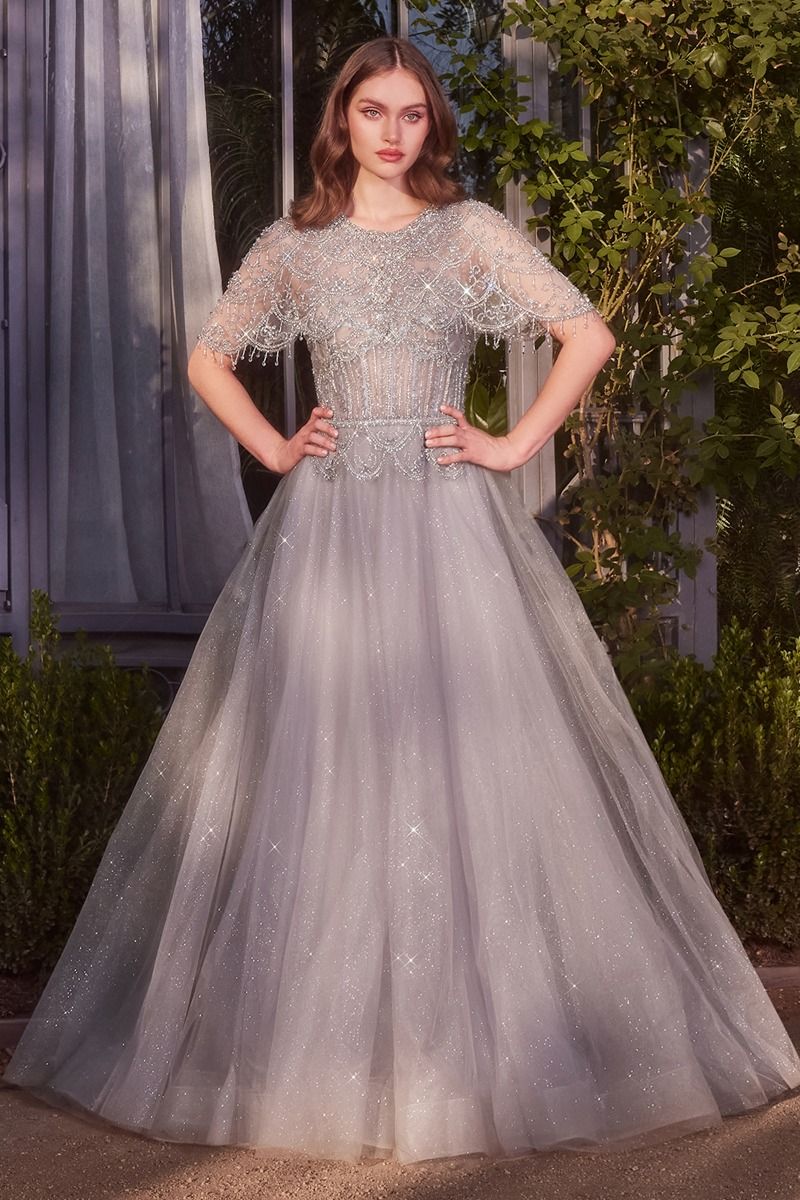 Mermaid Dress Silver Gray Evening Gowns Andrea Leo A1444 Formal Long Ball Gown Capelet Prom Dress Mermaid Dress Silver Gray Evening Gowns Andrea Leo A1444 Formal Long Ball Gown Capelet Prom Dress
