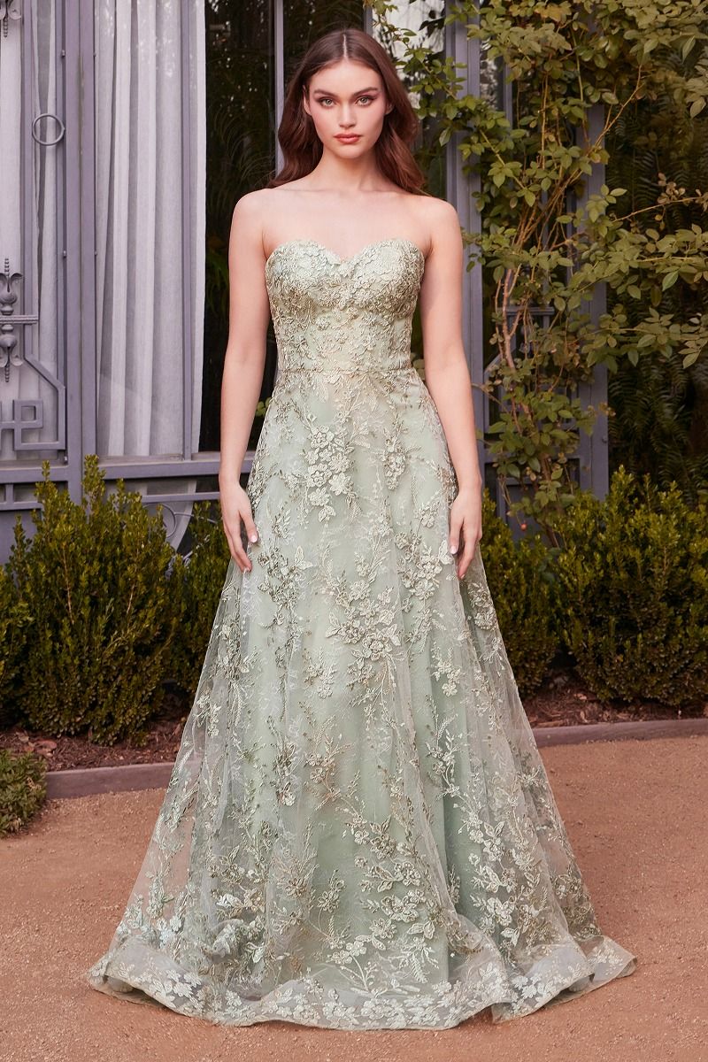 Andrea & Leo A1446 Long Ball Gown Floral Lace Formal Prom Dress - Sage / 16 Andrea & Leo A1446 Long Ball Gown Floral Lace Formal Prom Dress - Sage / 16