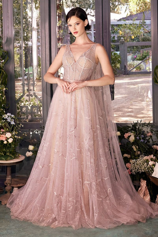 Prom Dresses A Line Formal Long Corset Cape Prom Dress Nude