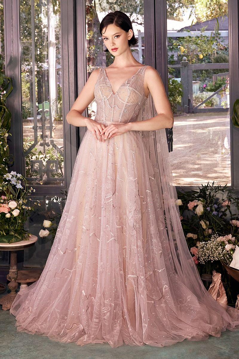 Prom Dresses A Line Formal Long Corset Cape Prom Dress Nude