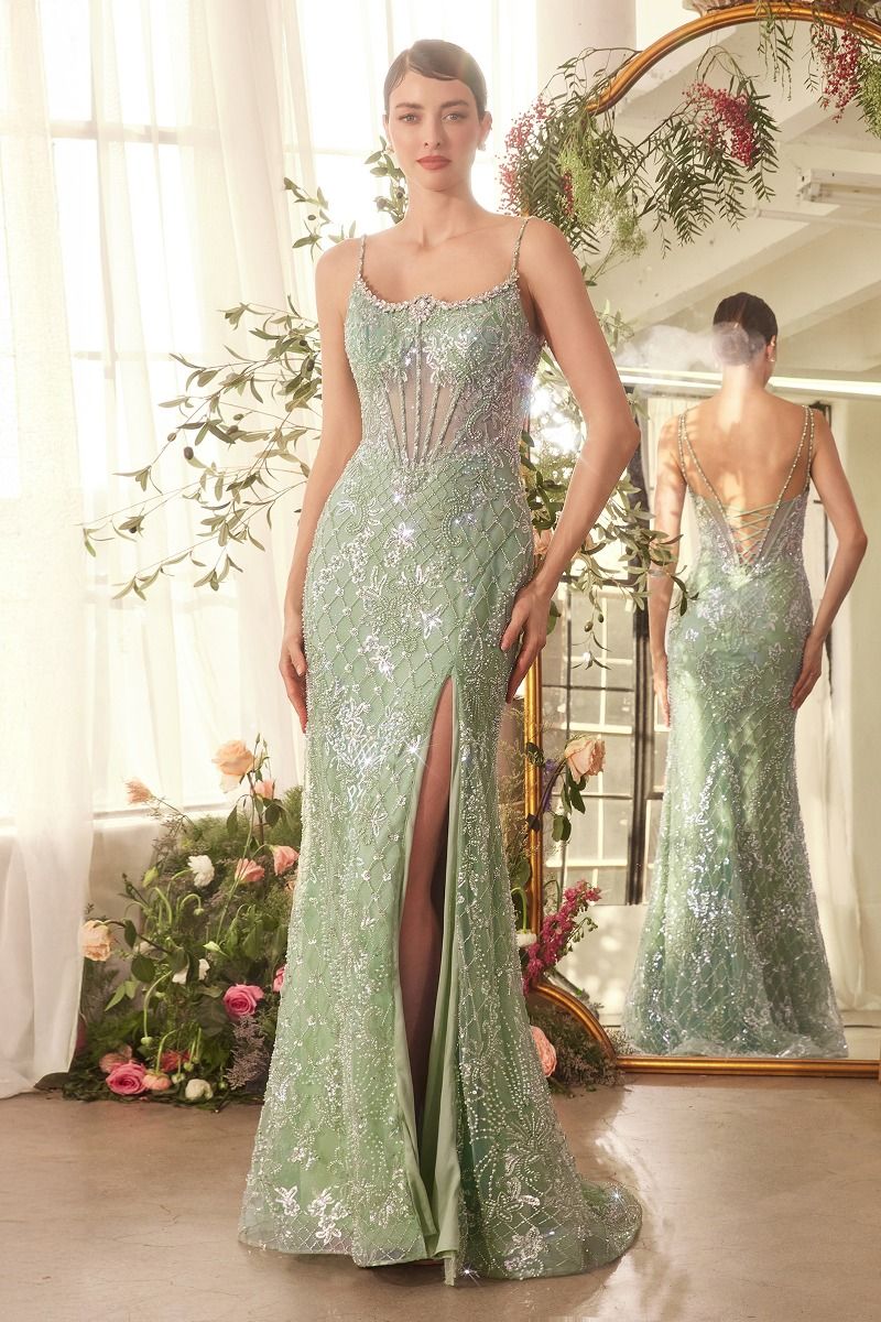 Prom Dresses Beaded Long Formal Corset Prom Slit Dress Sage