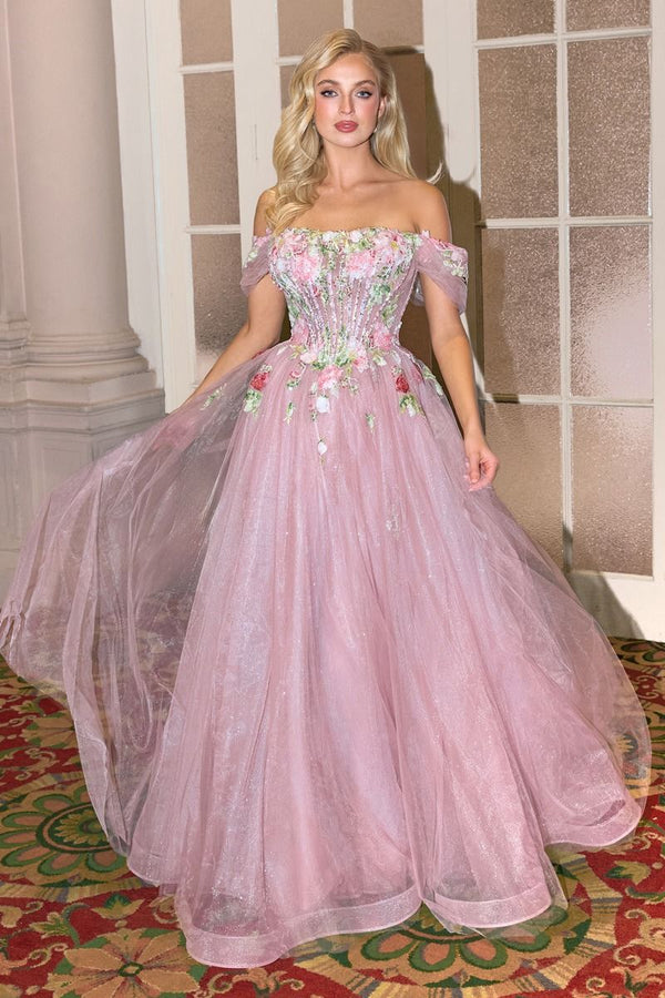 Andrea & Leo A1479  A Line LongFloral Applique Corset Prom Dress