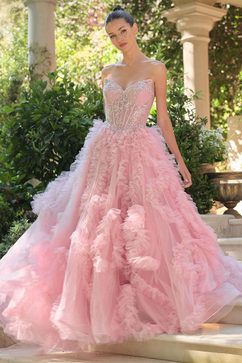 Prom Dresses Ball Gown Long Formal Ruffle Prom Dress Rose Pink