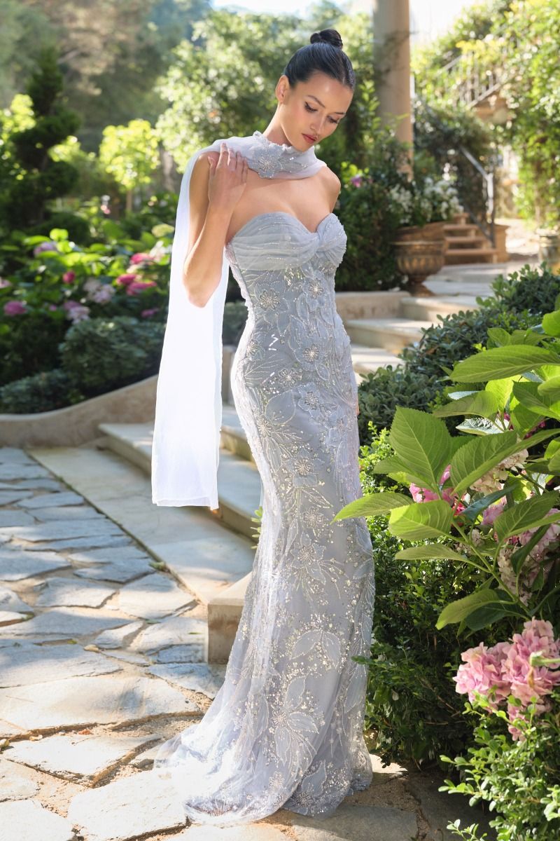 Prom Dresses Long Mermaid Formal Beaded Floral Prom Gown Paris Blue