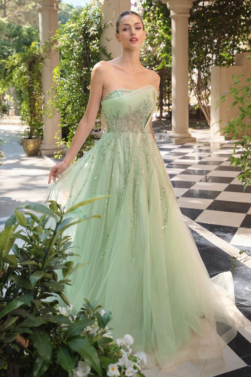 Prom Dresses Fitted Long Formal Beaded Floral Prom Dress Sage