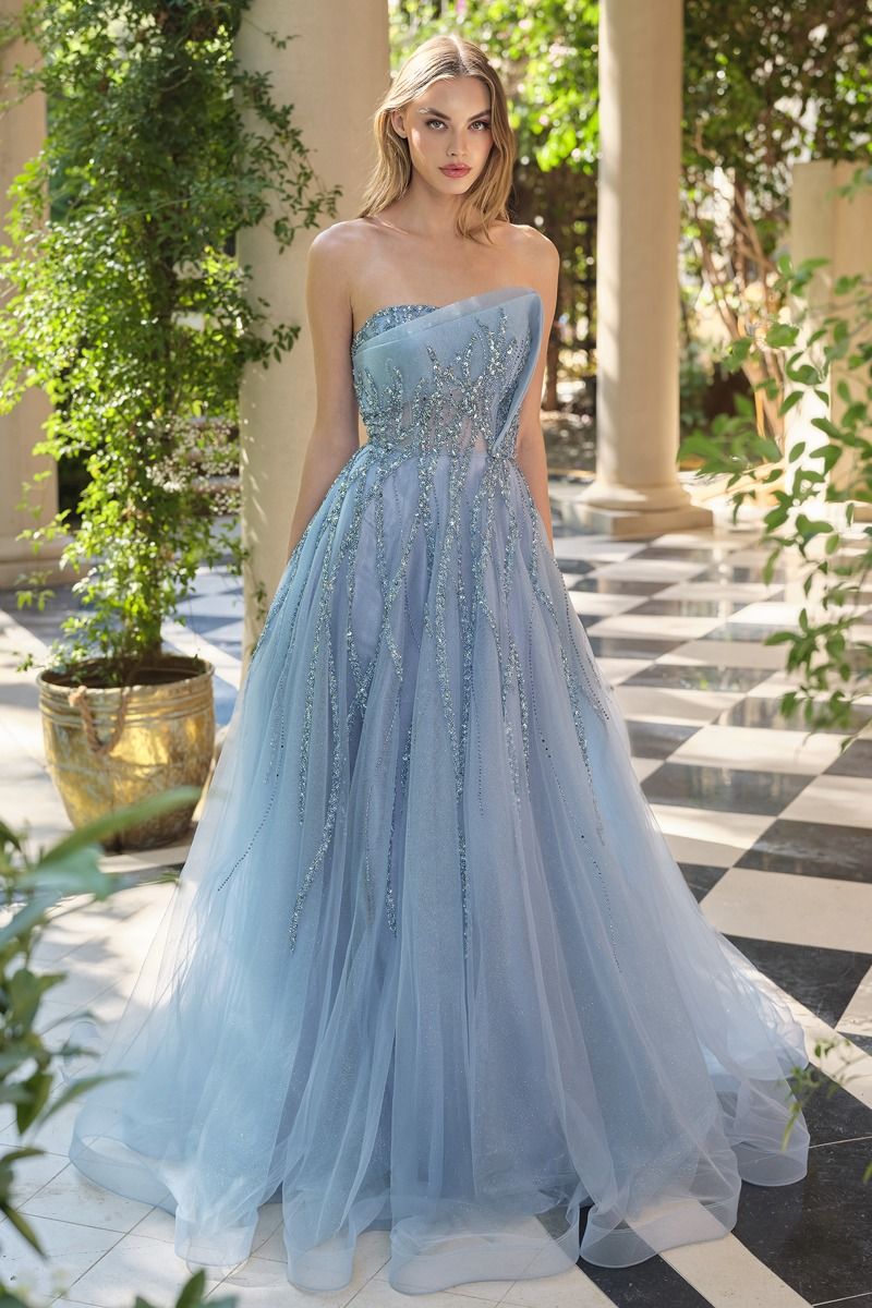 Prom Dresses Fitted Long Formal Beaded Floral Prom Dress Smoky Blue