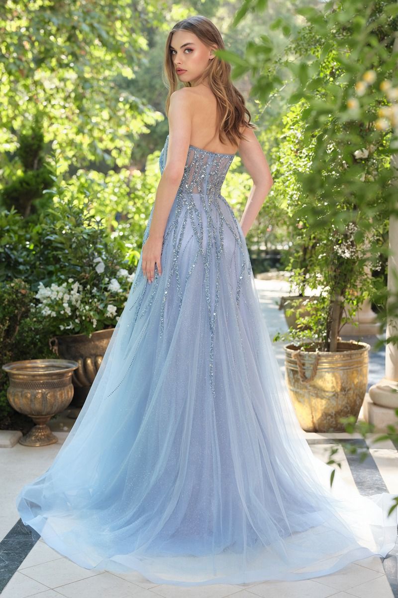 Prom Dresses Fitted Long Formal Beaded Floral Prom Dress Smoky Blue