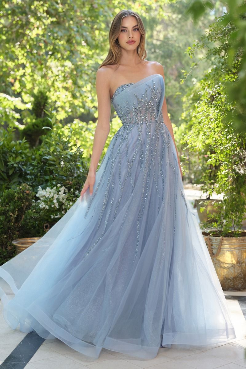 Prom Dresses Fitted Long Formal Beaded Floral Prom Dress Smoky Blue