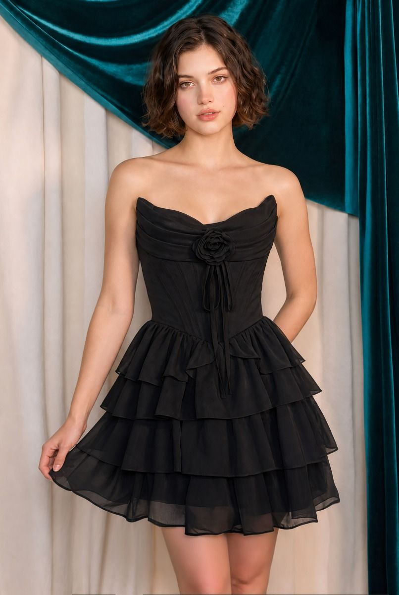 Strapless Curved Neck Mini Chiffon Cocktail Fit & Flare Andrea & Leo A1521