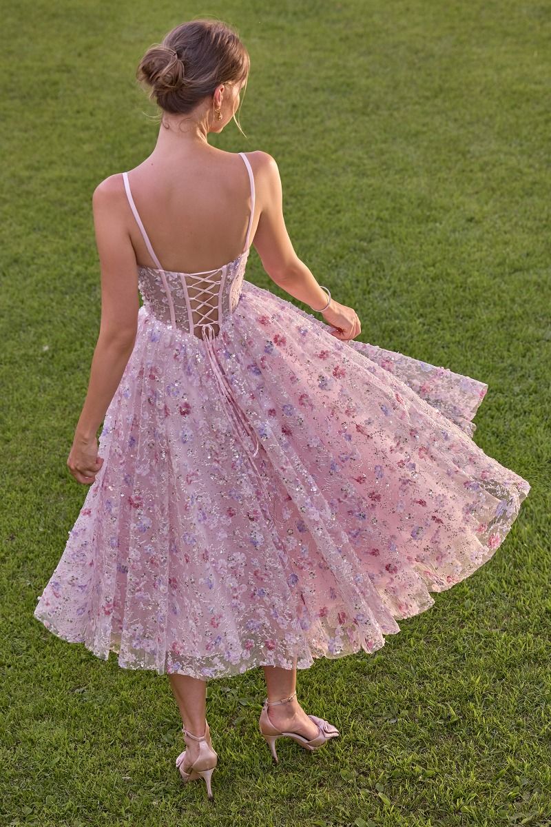 Blush Scoop Tea-Length Lace Sequin Cocktail Dress Floral Andrea & Leo A1523