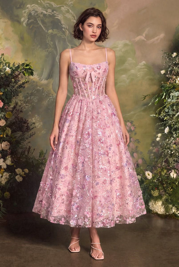 Scoop Tea-Length Lace Sequin Cocktail Dress Floral Andrea & Leo A1523
