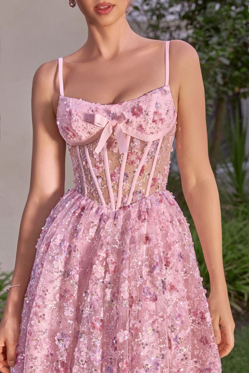 Blush Scoop Tea-Length Lace Sequin Cocktail Dress Floral Andrea & Leo A1523