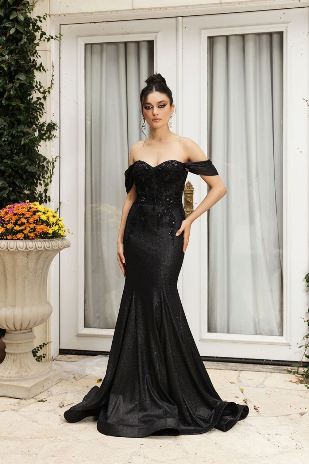 Off-the-Shoulder Floor-Length with Train Satin Prom Mermaid/Trumpet May Queen 2104