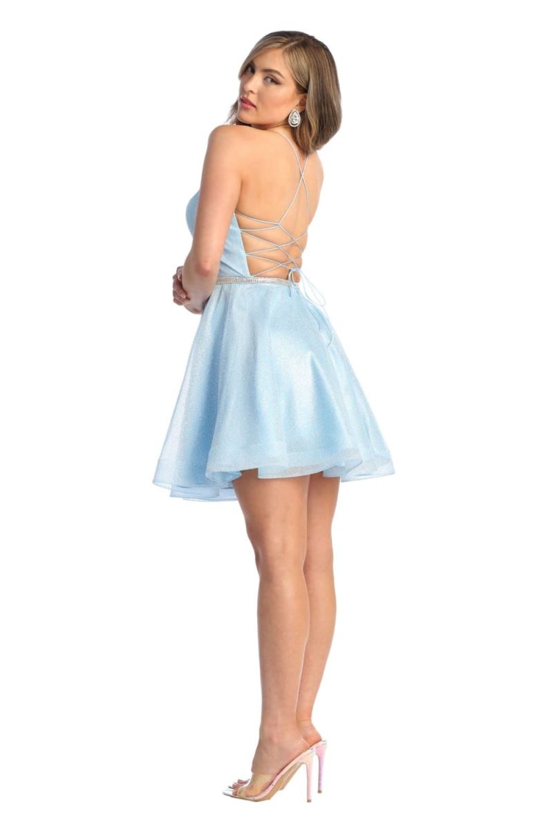 Baby Blue V-Neck Short Glitter Cocktail Rhinestone Dress May Queen MQ1907