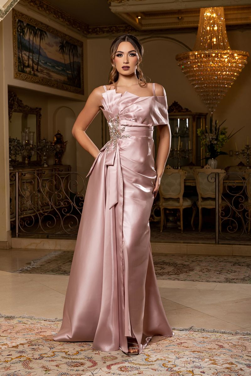 Rosegold Streck Neck Floor-Length Satin Formal Crystal Dress May Queen RQ8270
