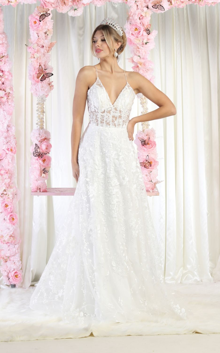 V-Neck Floor-Length Lace Bridal Dress A-Line May Queen 1996