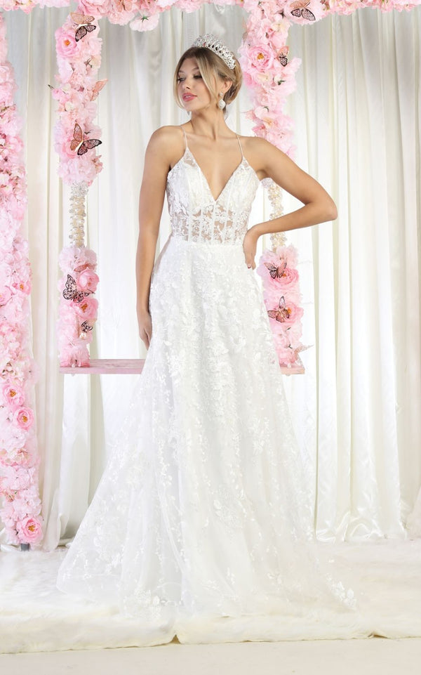 V-Neck Floor-Length Lace Bridal Dress A-Line May Queen MQ1996