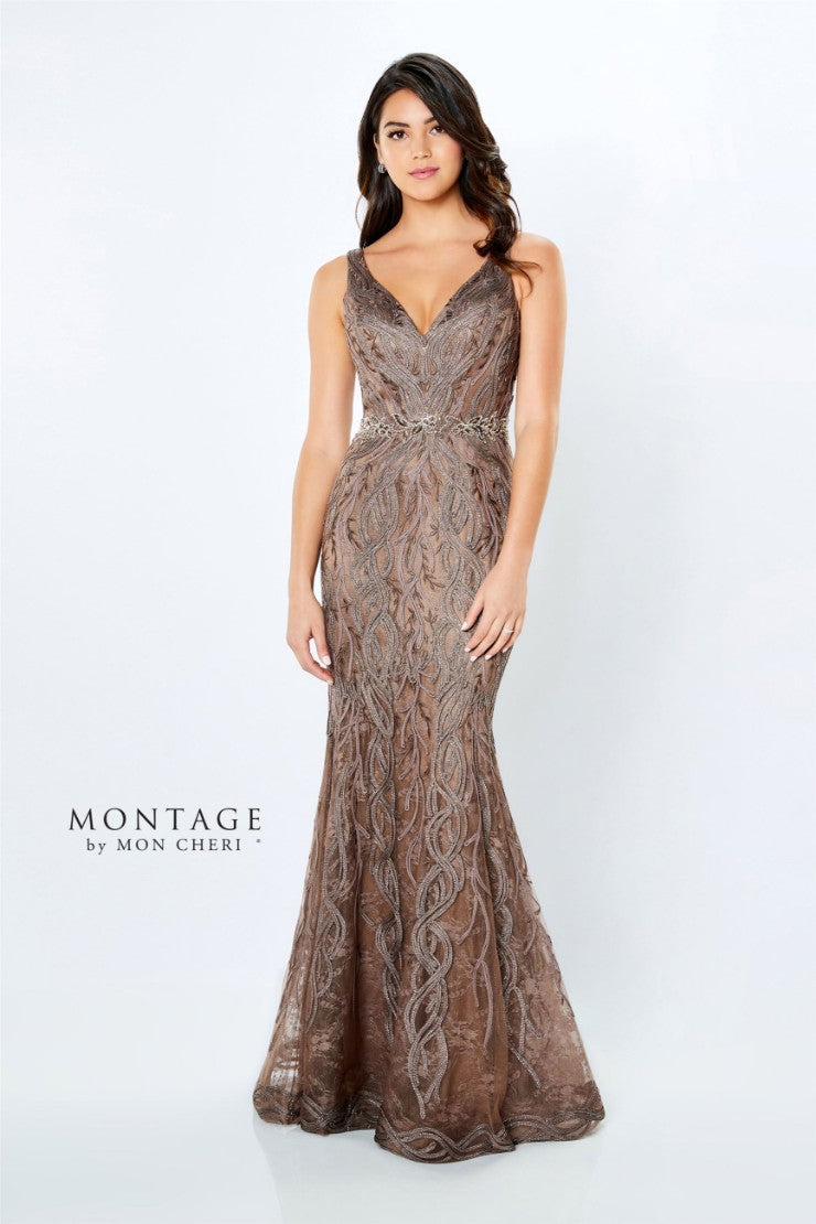 Formal Dresses Long Beaded Lace Metallic Evening Formal Dress Mocha