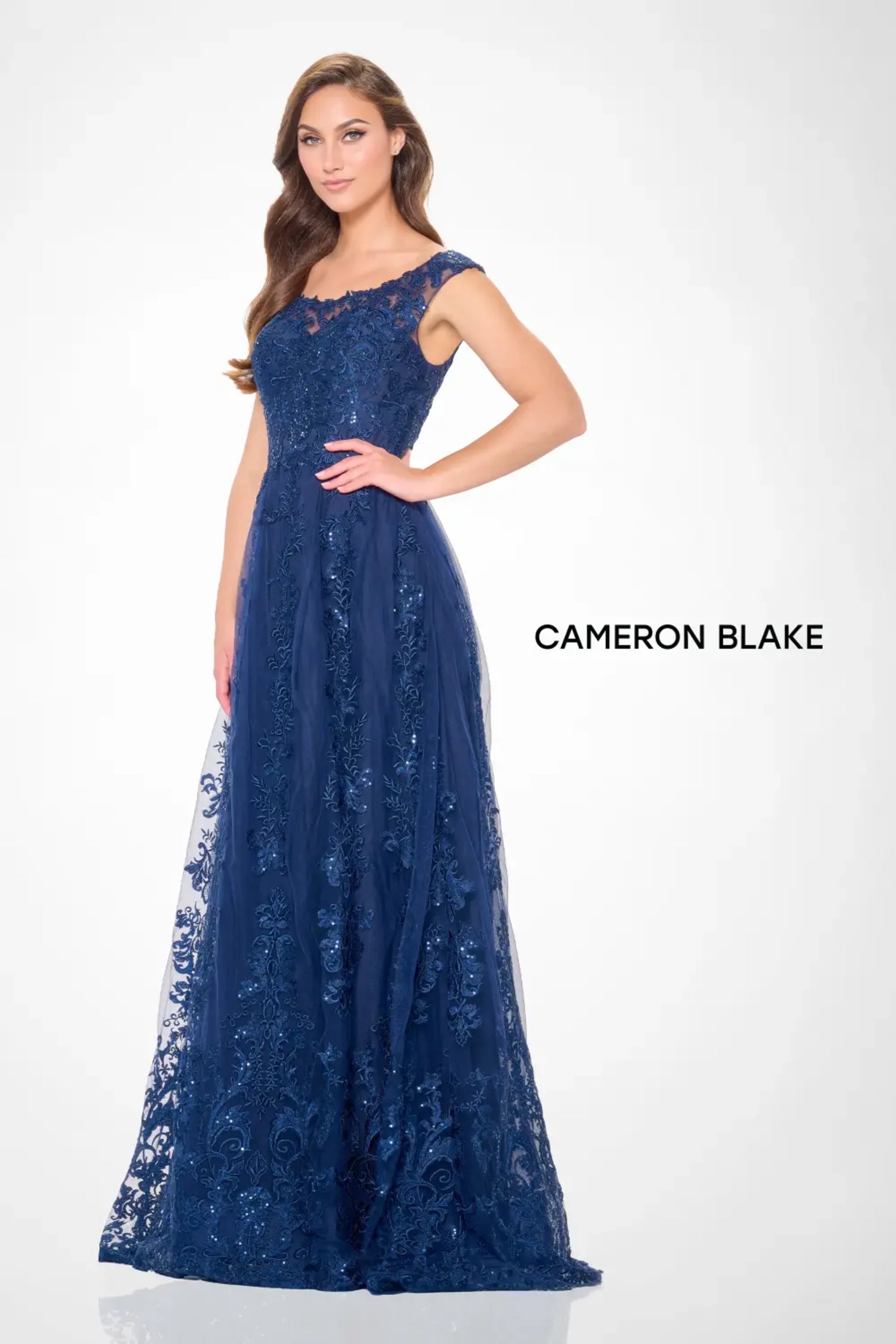 Cameron Blake CB3240 A Line Lace Applique Formal Sequin Evening Dress