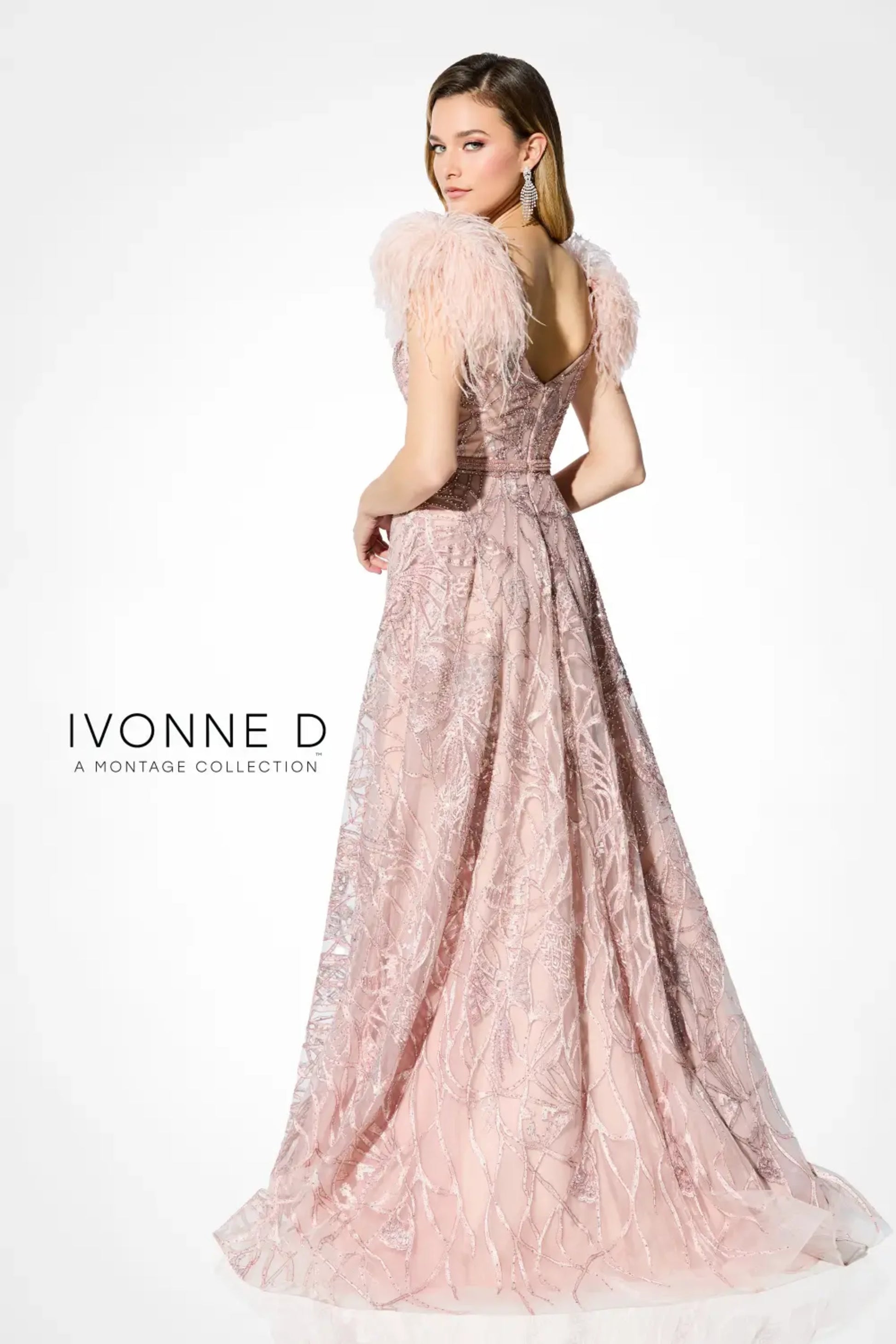 Ivonne D ID906 Long Ball Gown Feather Lace  Evening Dress