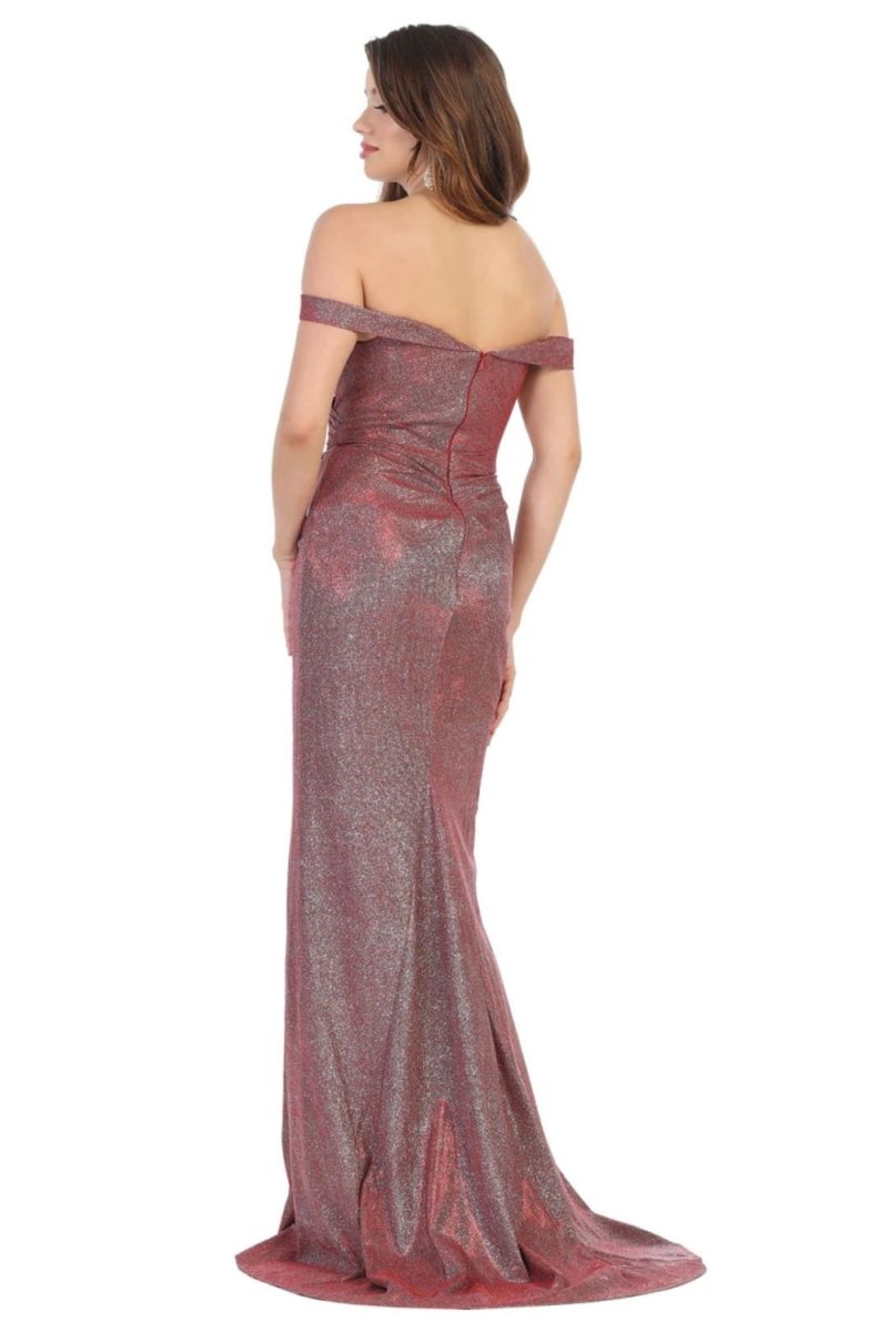 Red/Multi Off-the-Shoulder Floor-Length Metallic Prom Dress High Slit May Queen MQ1724