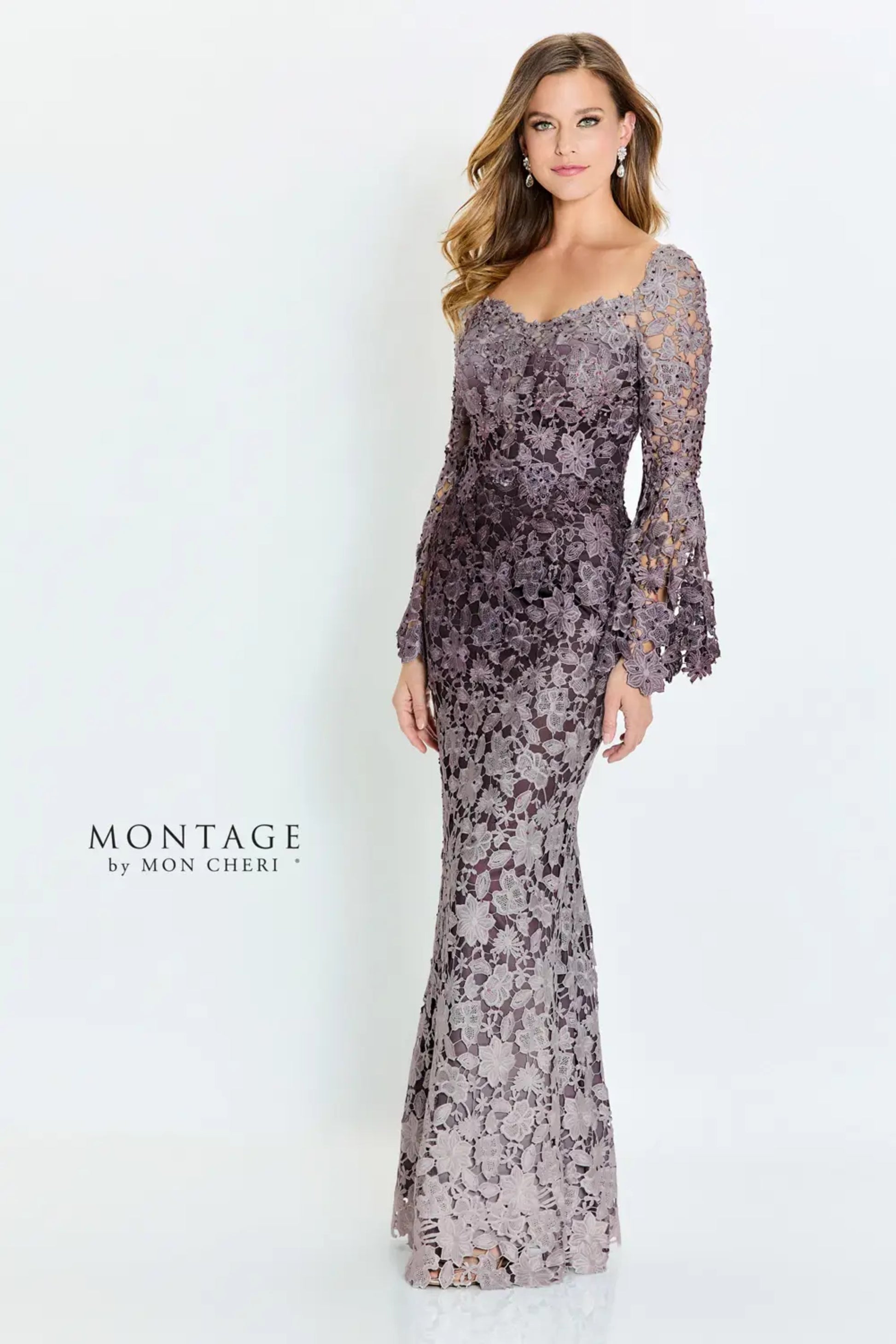 Montage M530 Long Sleeve Formal Beaded Lace Evening Dress