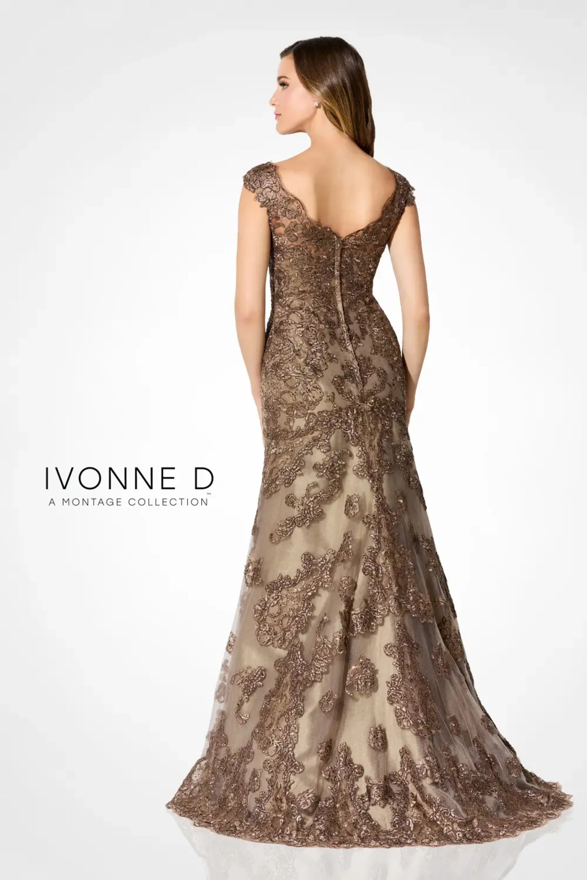 Ivonne D ID923 Long Formal Metallic Lace Applique Evening Gown